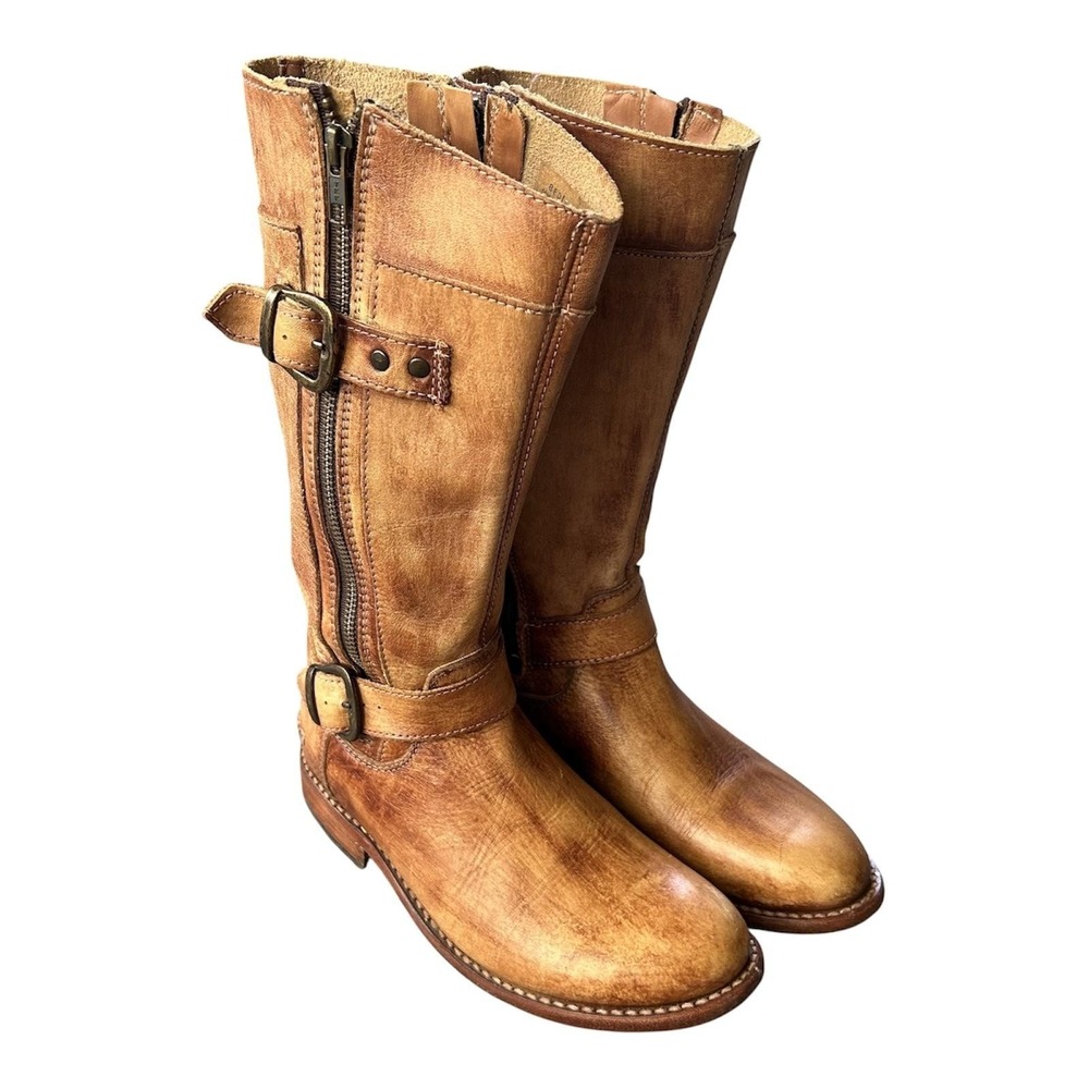 Bed Stu Cobbler Series Boots Womens 7 Brown Leather Biker Mid Calf Buckle Zip